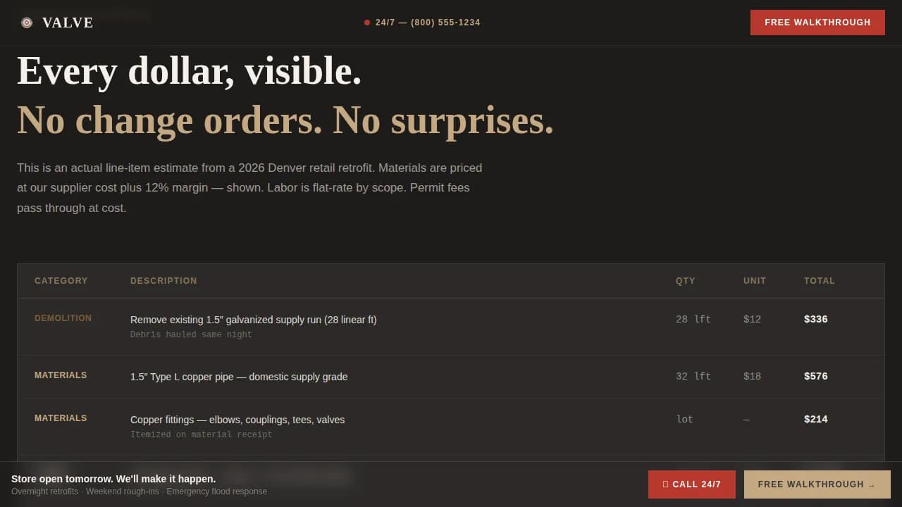 Valve - Overnight Retrofit Retail Store Plumbing Contractor Landing Page Template