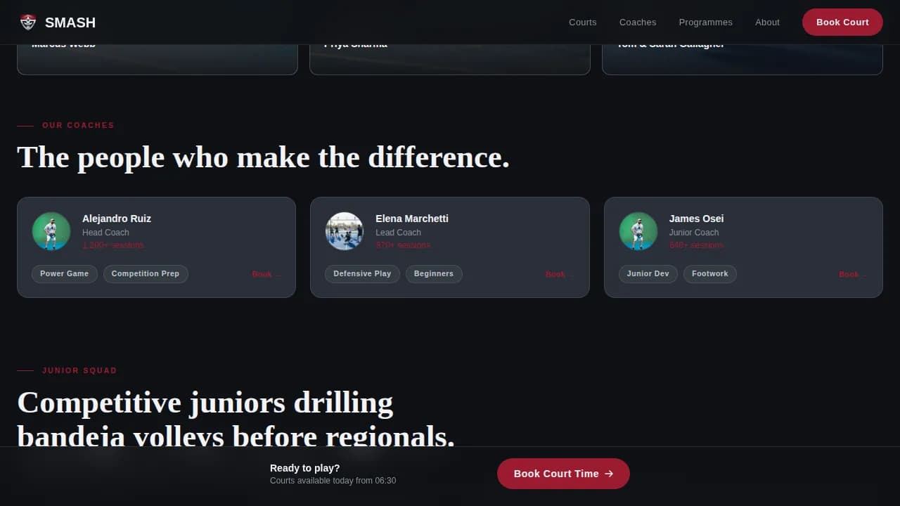 Smash - Dynamic Court Booking Padel Tennis Landing Page Template