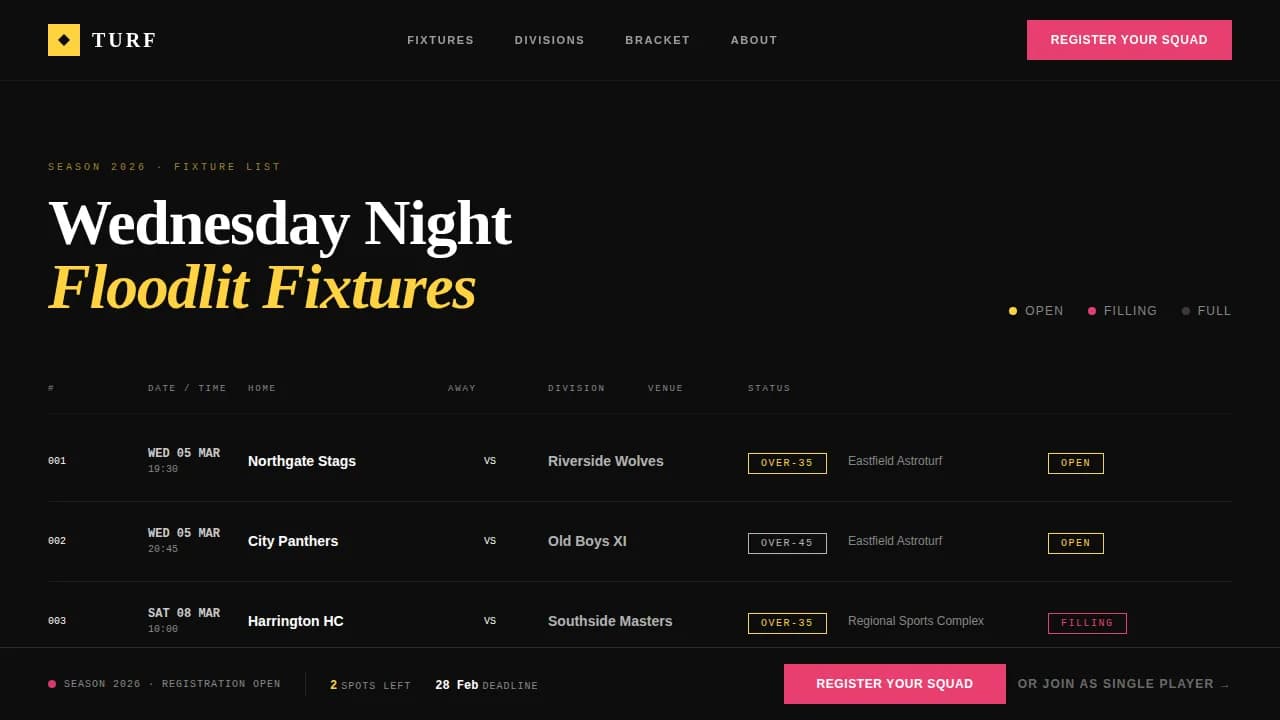 Turf - Industrial Raw Masters Field Hockey League Landing Page Template