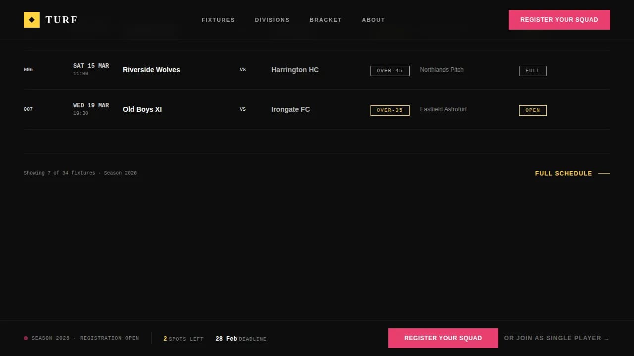 Turf - Industrial Raw Masters Field Hockey League Landing Page Template