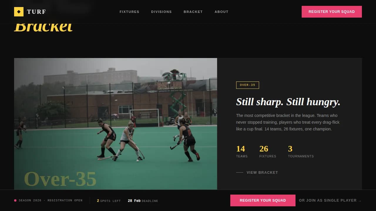Turf - Industrial Raw Masters Field Hockey League Landing Page Template