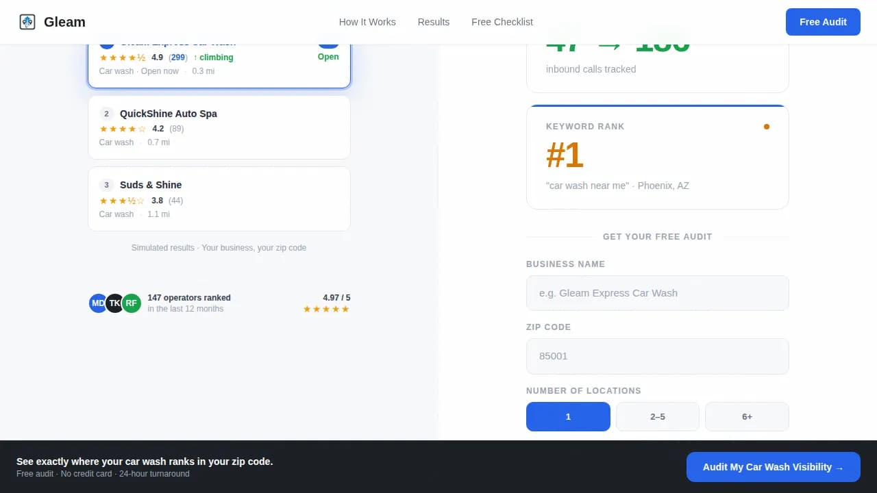 Gleam — High-Voltage SEO Car Wash Landing Page Template