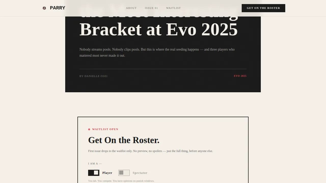 Parry - Editorial Fighting Game Community Blog Landing Page Template