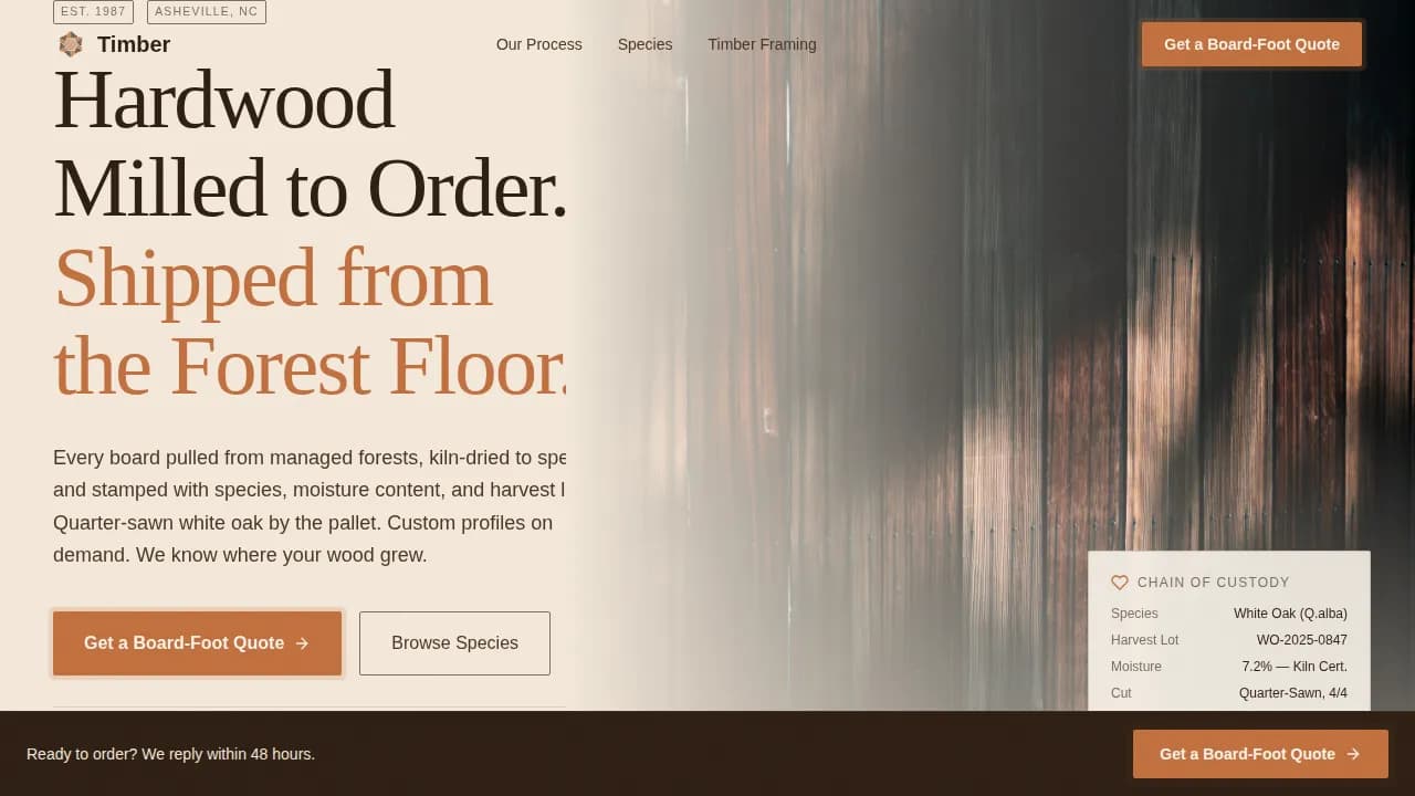 Lumber — Bespoke Wood Manufacturer Landing Page Template