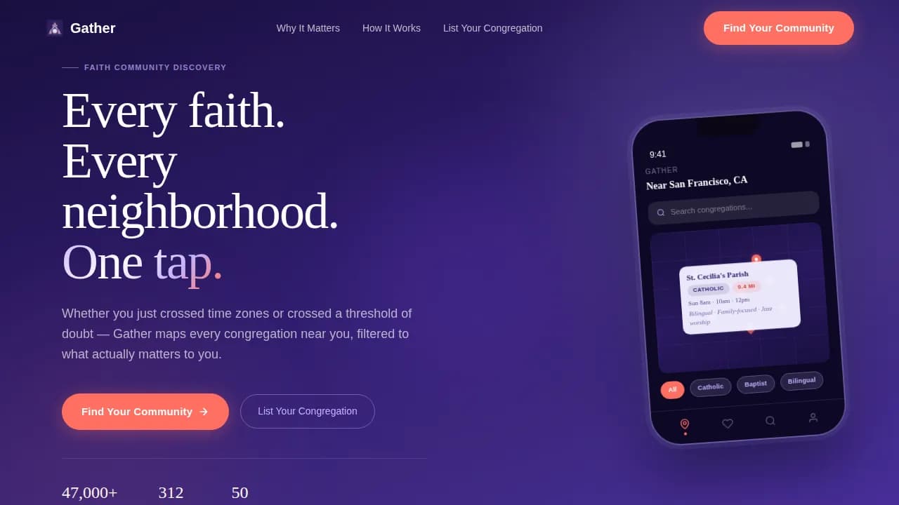 Commune — Faith Discovery App Landing Page Template