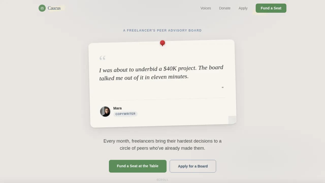 Caucus — Peer Freelancer Advisory Landing Page Template