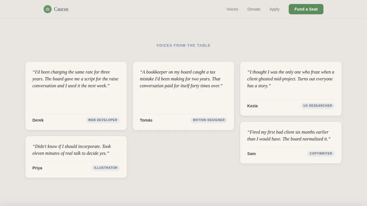 Caucus — Peer Freelancer Advisory Landing Page Template