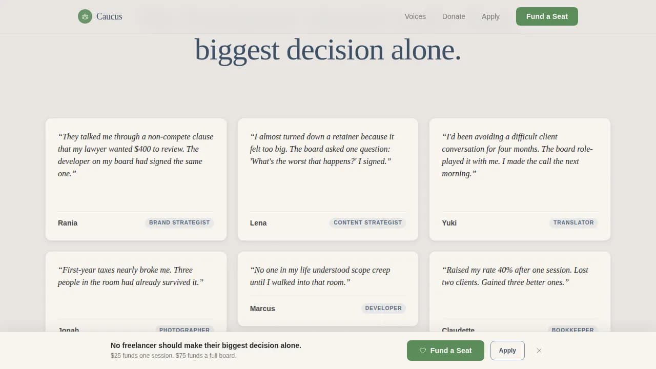 Caucus — Peer Freelancer Advisory Landing Page Template