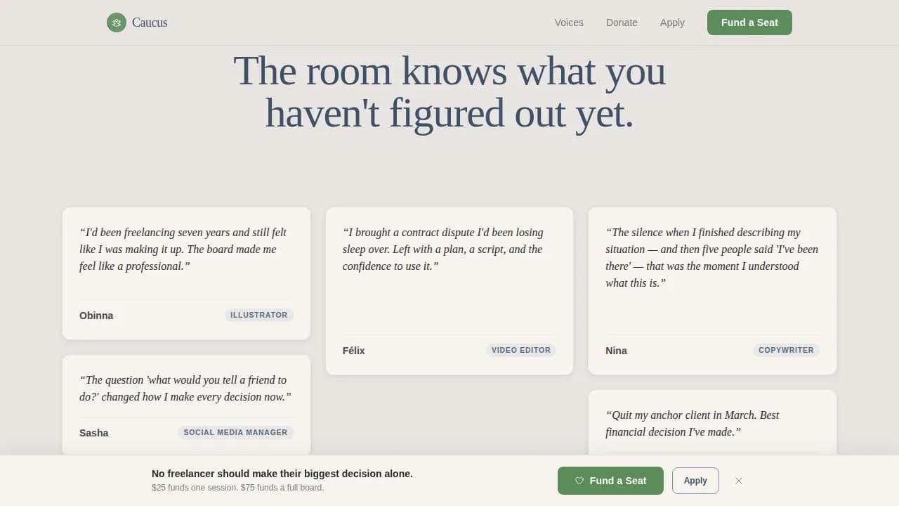 Caucus — Peer Freelancer Advisory Landing Page Template