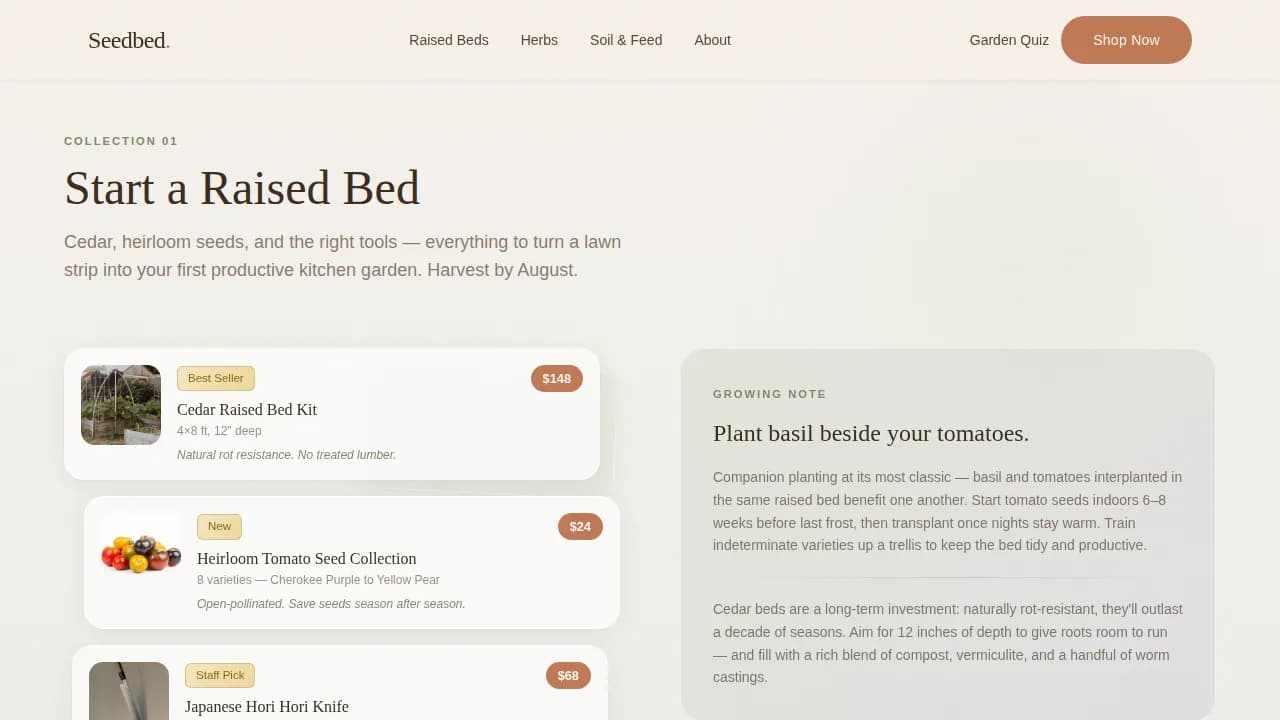 Seedbed — Curated Garden Supply Landing Page Template