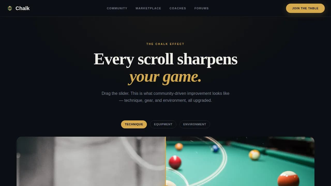 Chalk - Competition Edge Billiards Fan Community Landing Page Template