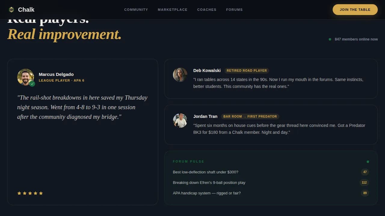 Chalk - Competition Edge Billiards Fan Community Landing Page Template