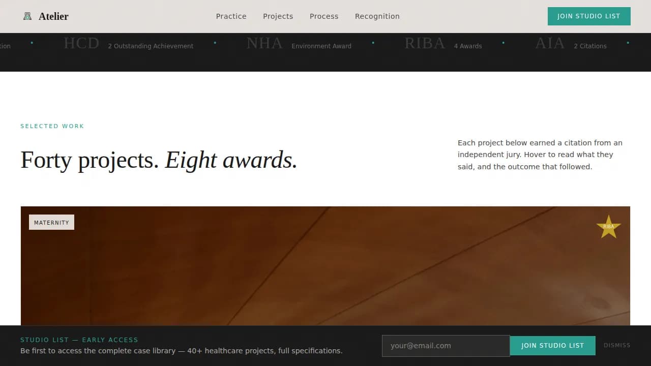 Atelier - Award-Winning Healthcare Design Portfolio Landing Page Template
