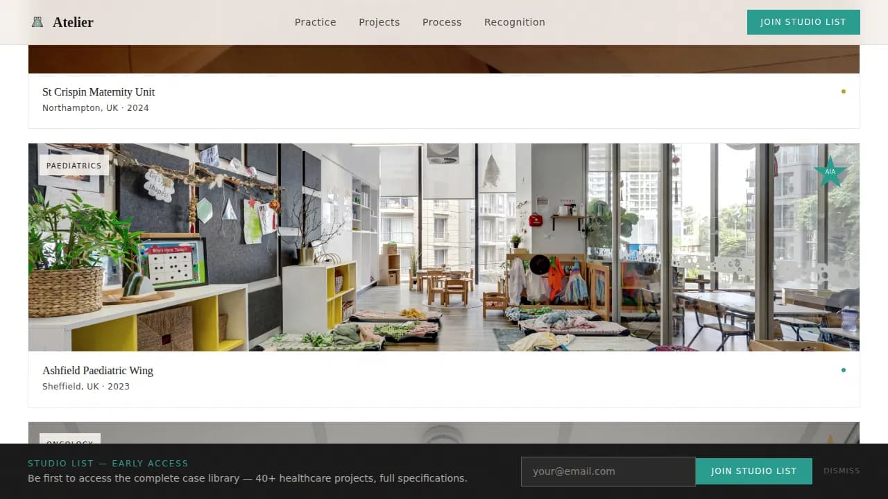 Atelier - Award-Winning Healthcare Design Portfolio Landing Page Template