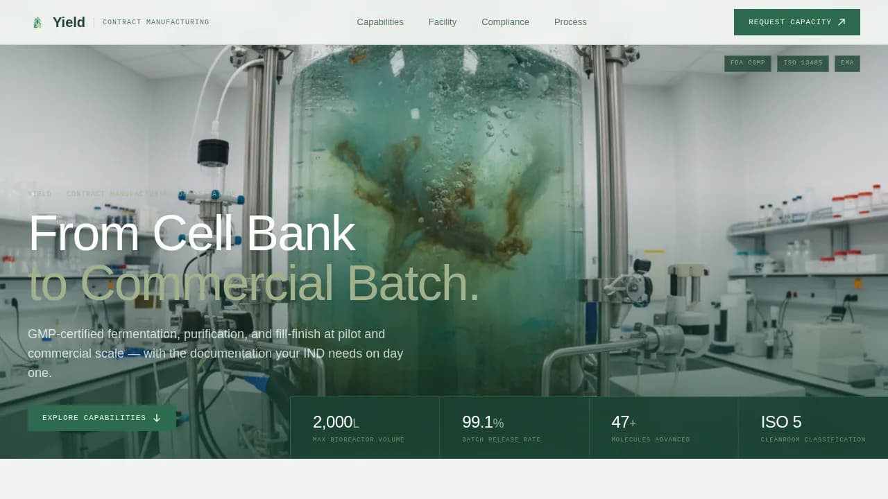 Yield - GMP Contract Biotech Manufacturing Landing Page Template