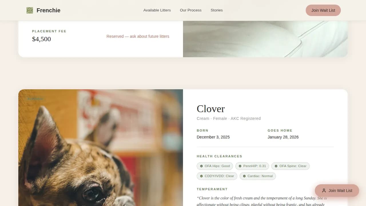Frenchie — Elite Bulldog Breeder Landing Page Template