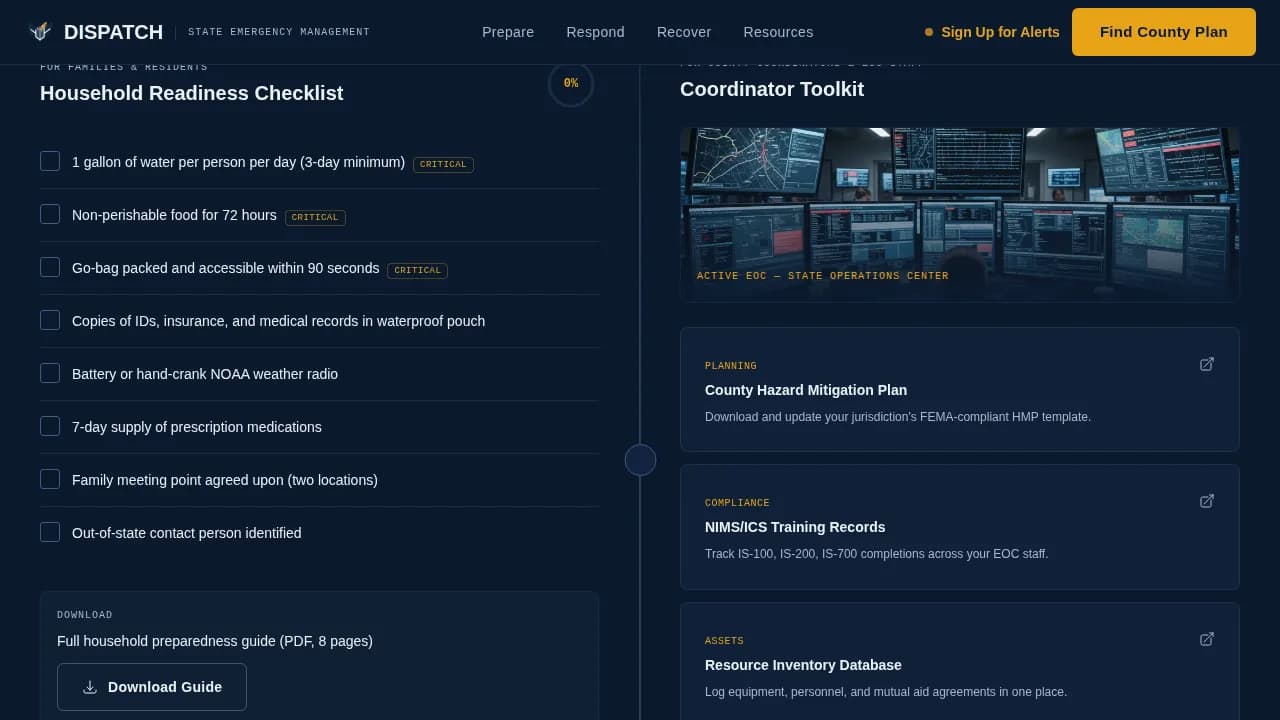 Dispatch - State Emergency Management Landing Page Template