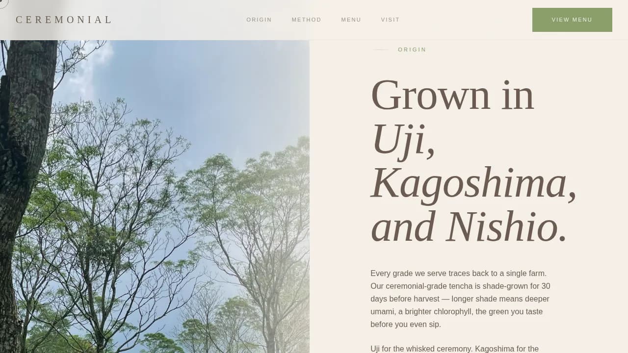 Ceremonial — Premium Matcha Café Landing Page Template