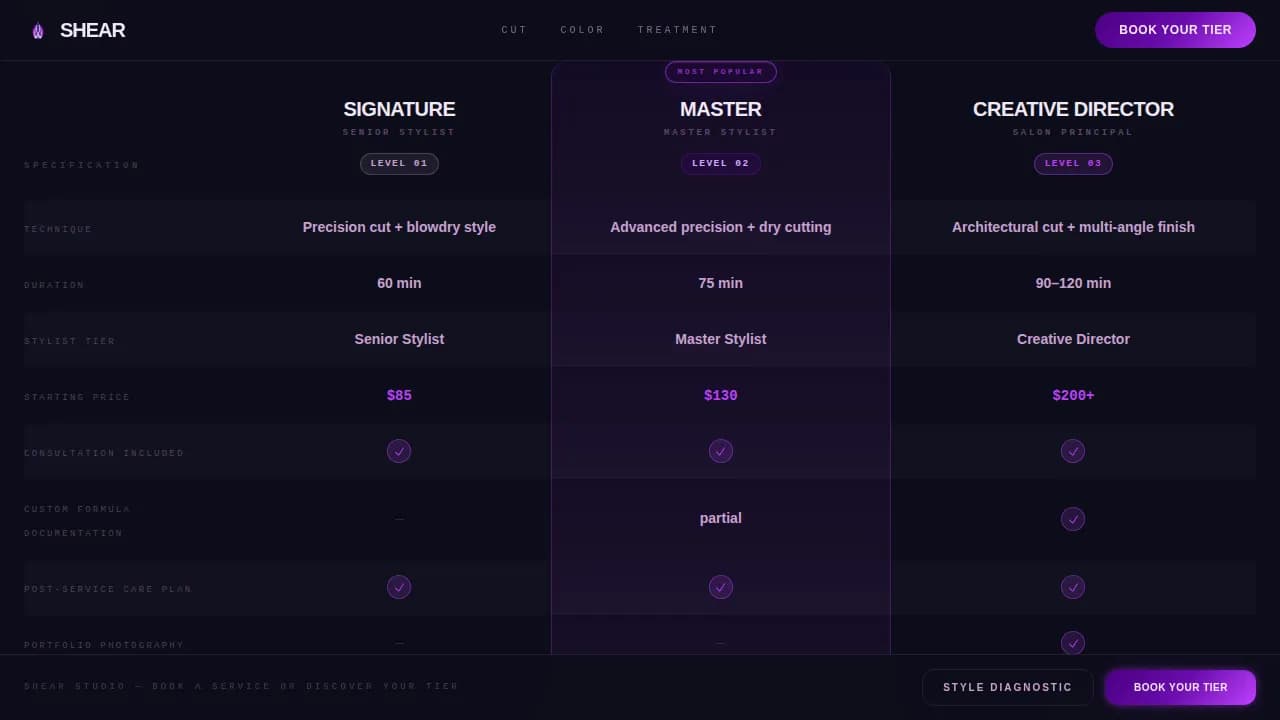 Luxury Hair Salon Tier Membership Comparison Website Template