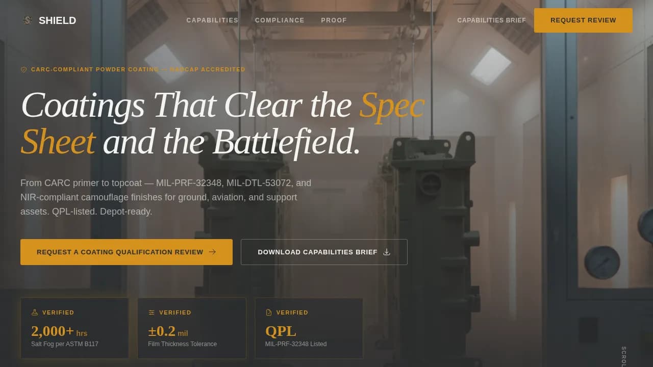 Shield — Military-Grade Powder Coating Landing Page Template