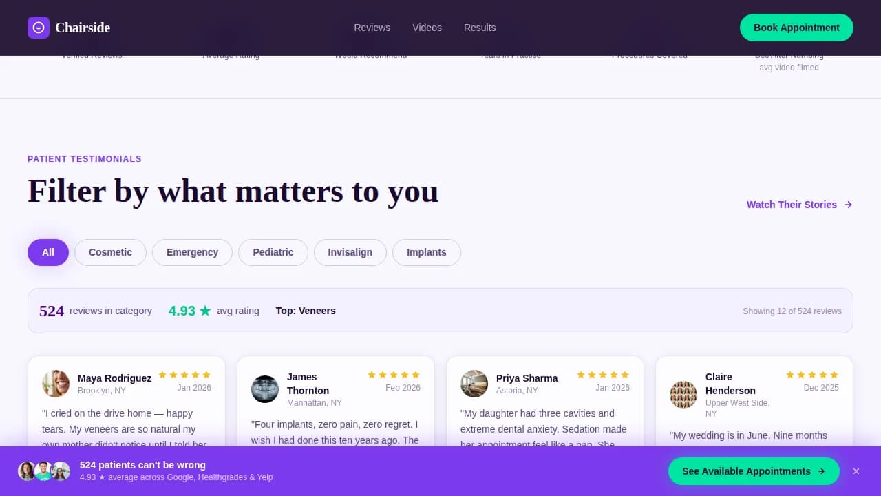 Dental Practice Patient Testimonials Dashboard Website Template