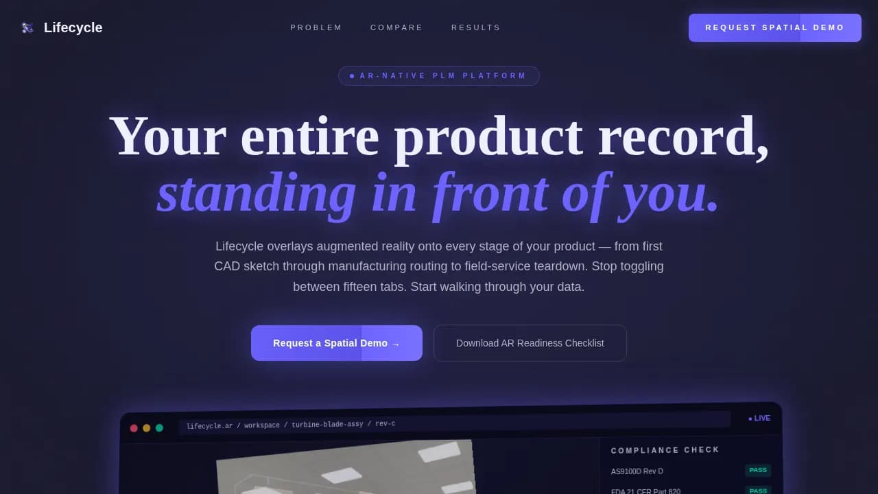 Lifecycle - AR-Enhanced PLM Comparison Table Landing Page Template