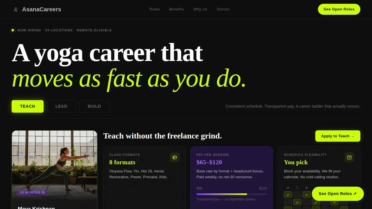 Yoga Studio Chain Careers & Instructor Recruitment Website Template