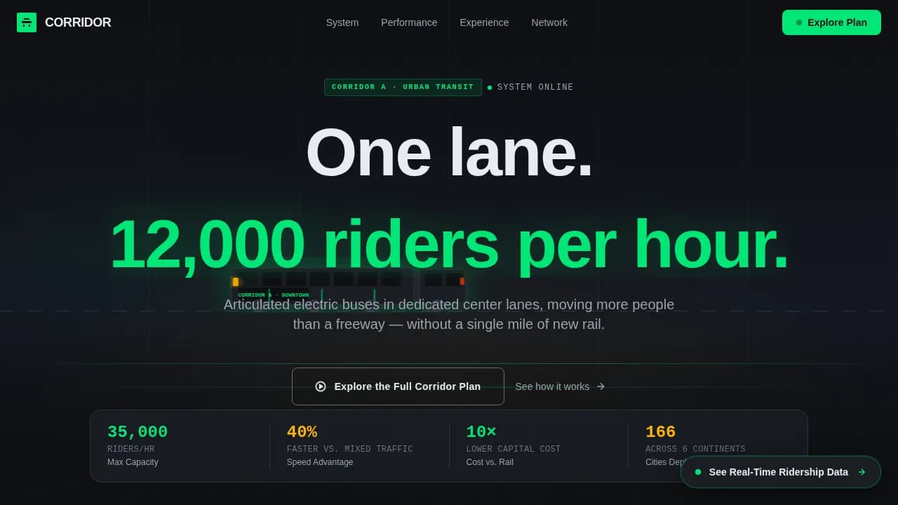 Corridor - Cinematic Dark BRT Transit Landing Page Template