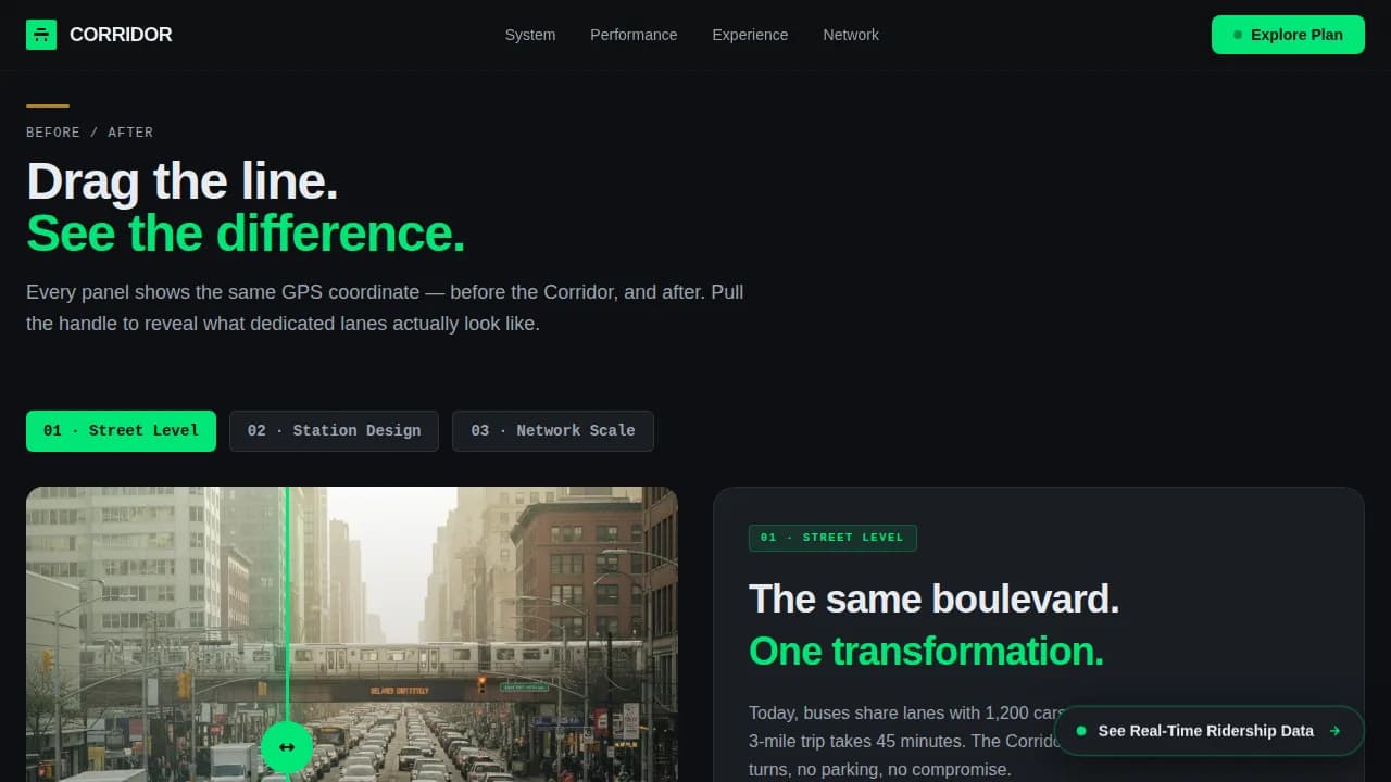 Corridor - Cinematic Dark BRT Transit Landing Page Template