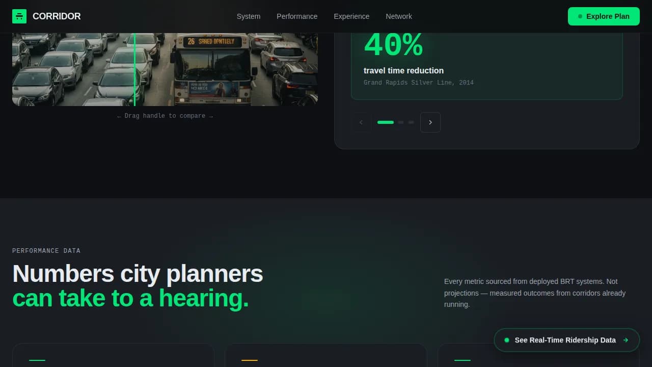 Corridor - Cinematic Dark BRT Transit Landing Page Template