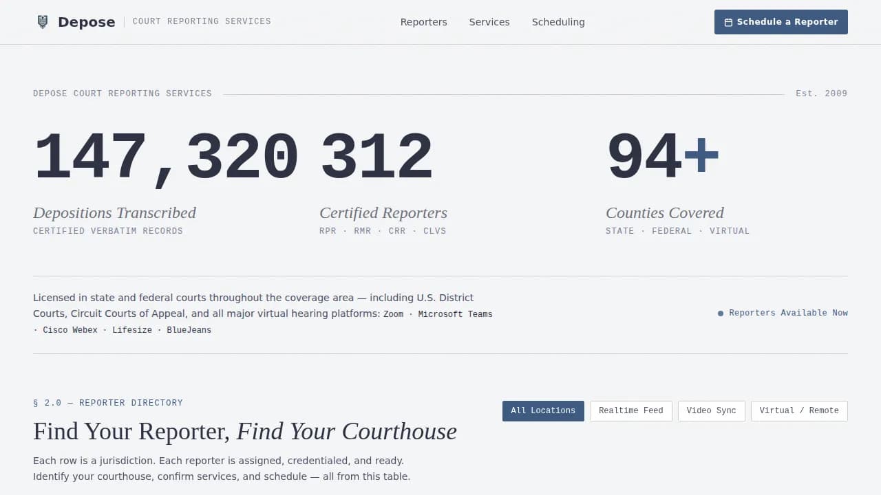 Testify — Expert Court Reporter Landing Page Template