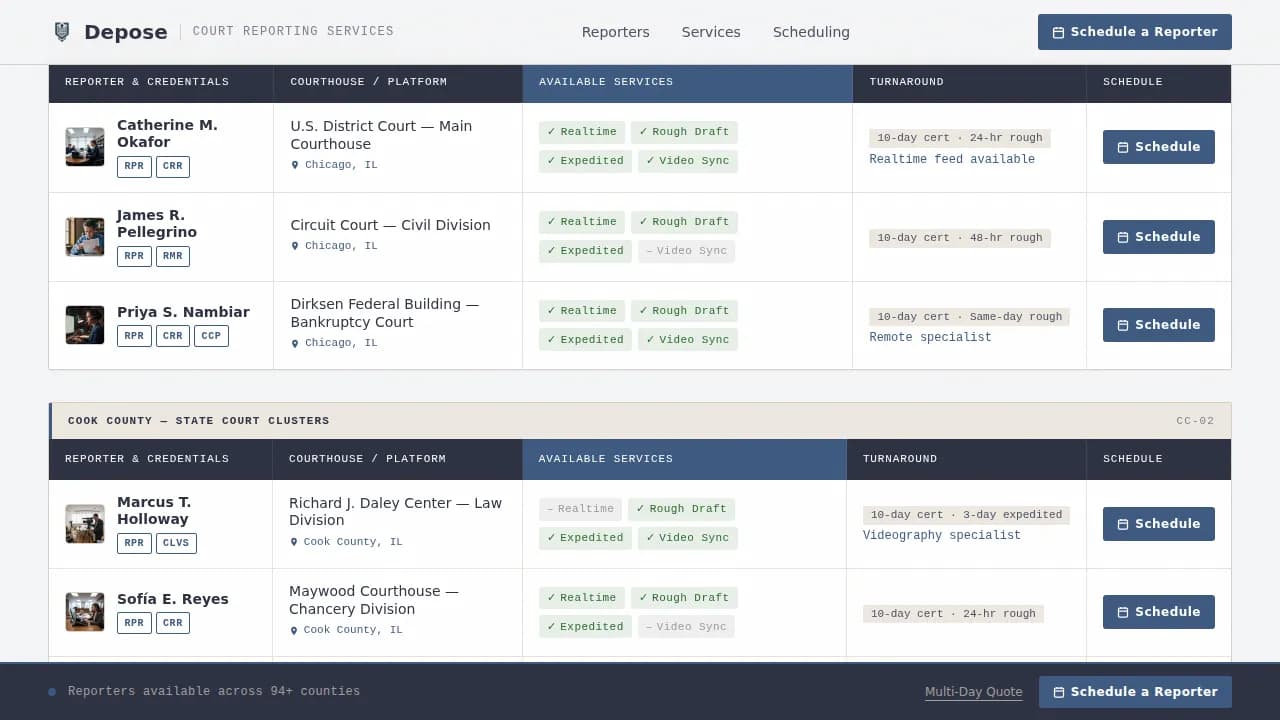 Testify — Expert Court Reporter Landing Page Template