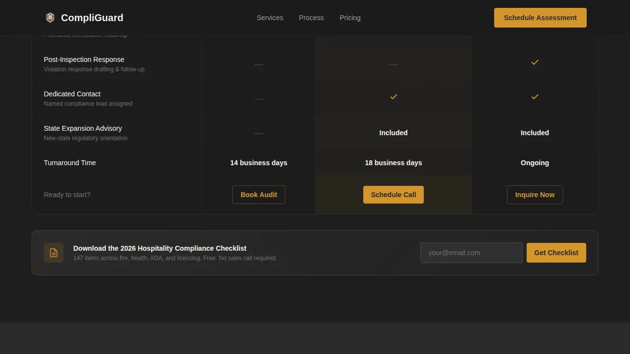 Comply — Trusted Hospitality Operations Landing Page Template