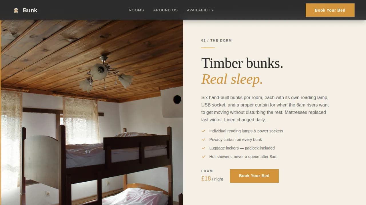 Bunk — Serene Student Hostel Landing Page Template