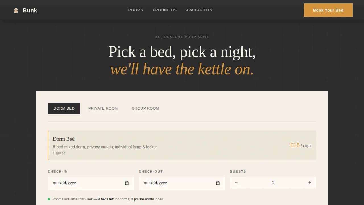 Bunk — Serene Student Hostel Landing Page Template