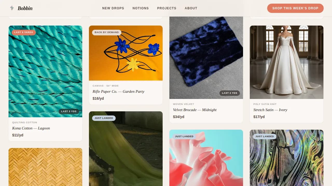Bobbin — Premium Fabric Marketplace Landing Page Template