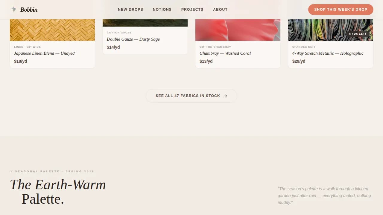 Bobbin — Premium Fabric Marketplace Landing Page Template
