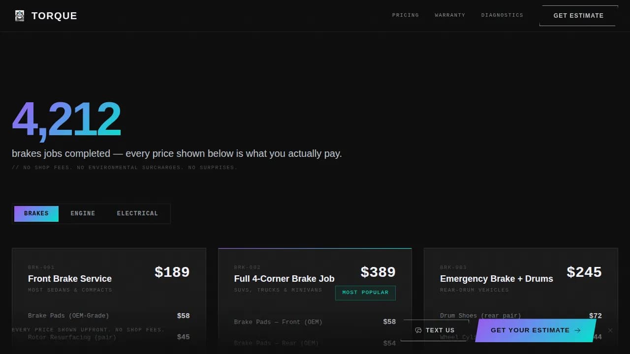 Auto Repair Shop Pricing Website Template
