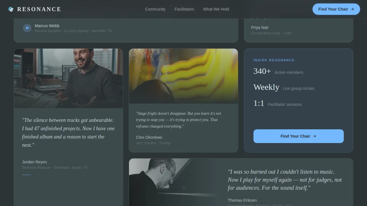 Resonance - Healing Musicians Community Landing Page Template