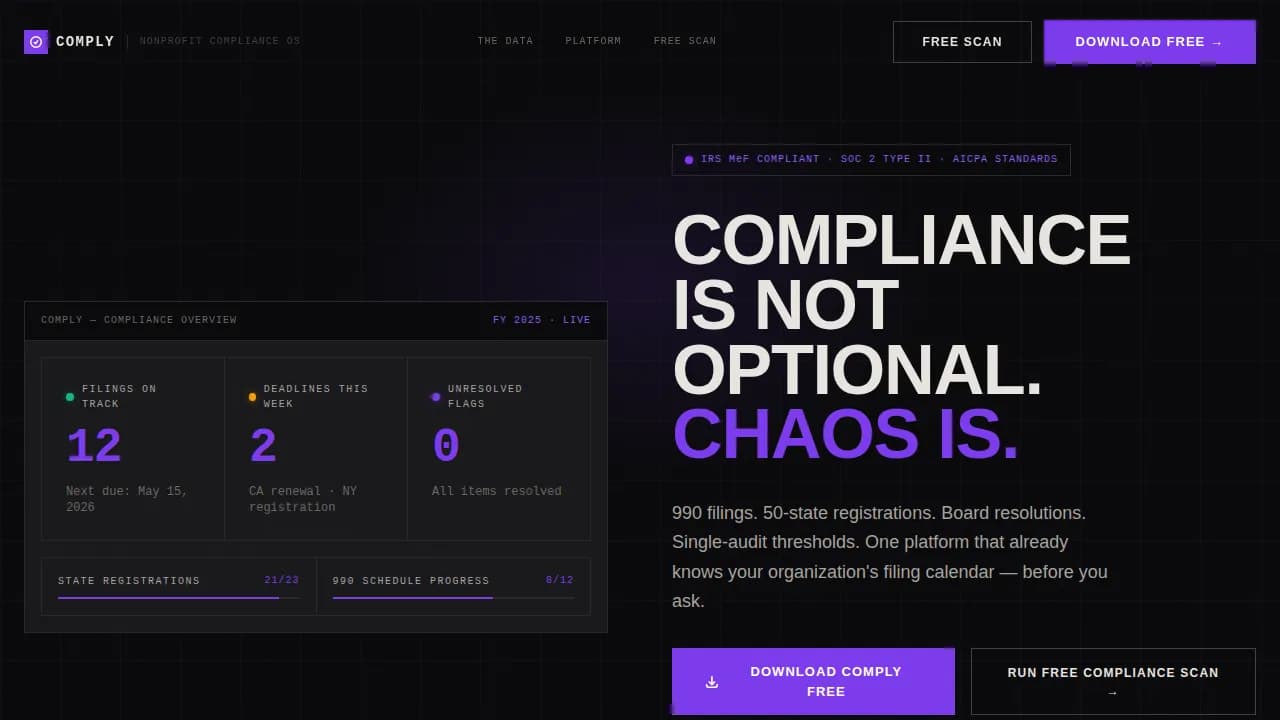 Comply — Bold Nonprofit Governance Landing Page Template