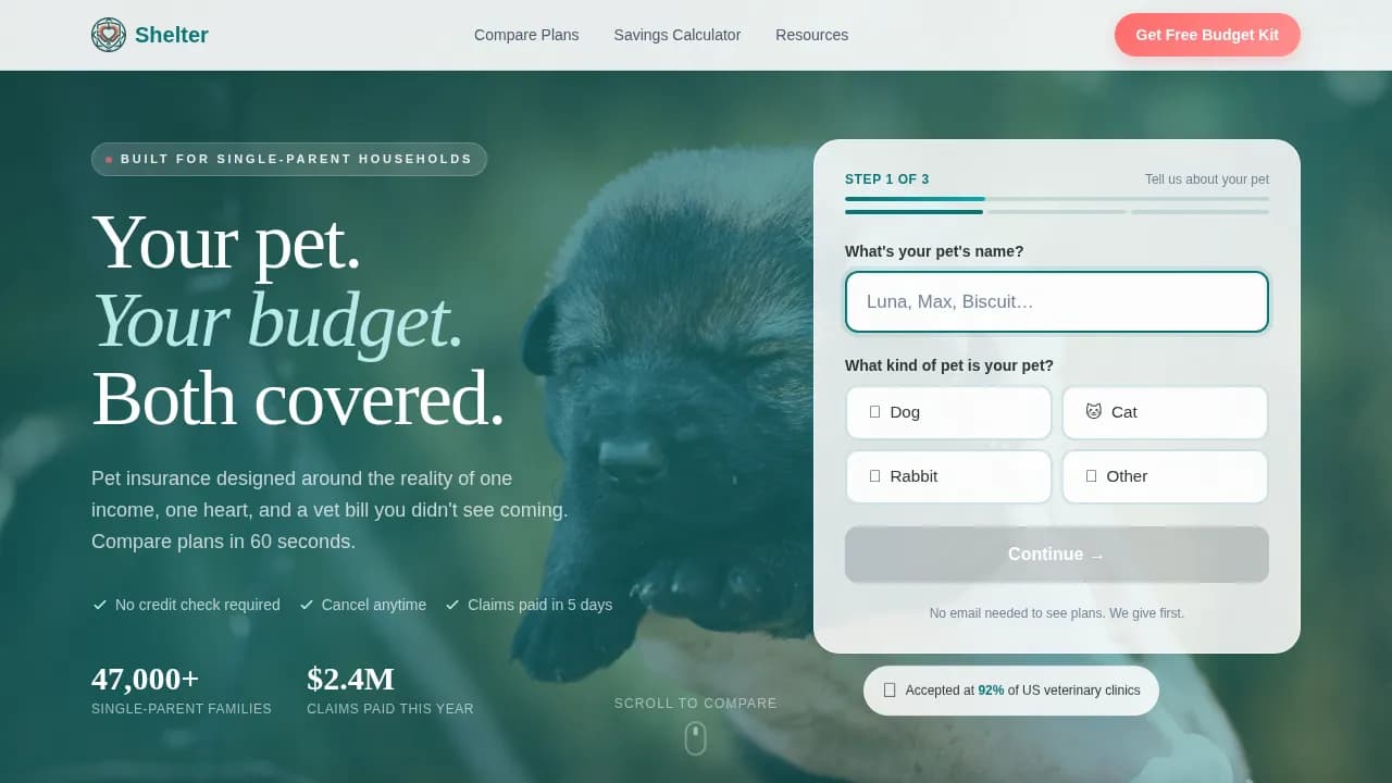 Shelter — Trusted Pet Insurance Landing Page Template