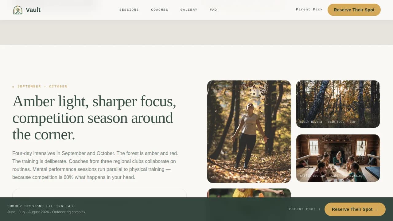 Vault — Adventure Gymnastics Retreat Landing Page Template