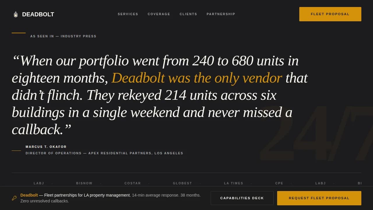 Deadbolt — Editorial Locksmith Partnership Landing Page Template