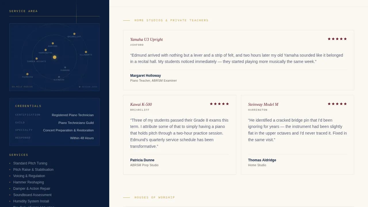 Harmony — Master Piano Technician Landing Page Template
