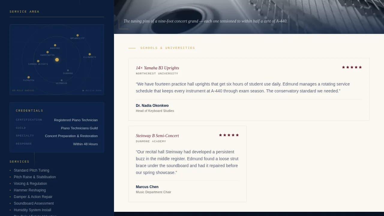 Harmony — Master Piano Technician Landing Page Template