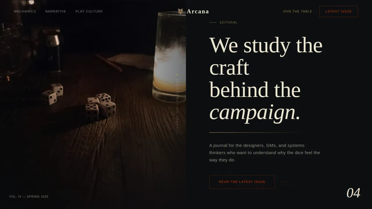 Arcana - Craft-Driven Tabletop RPG Design Blog Landing Page Template
