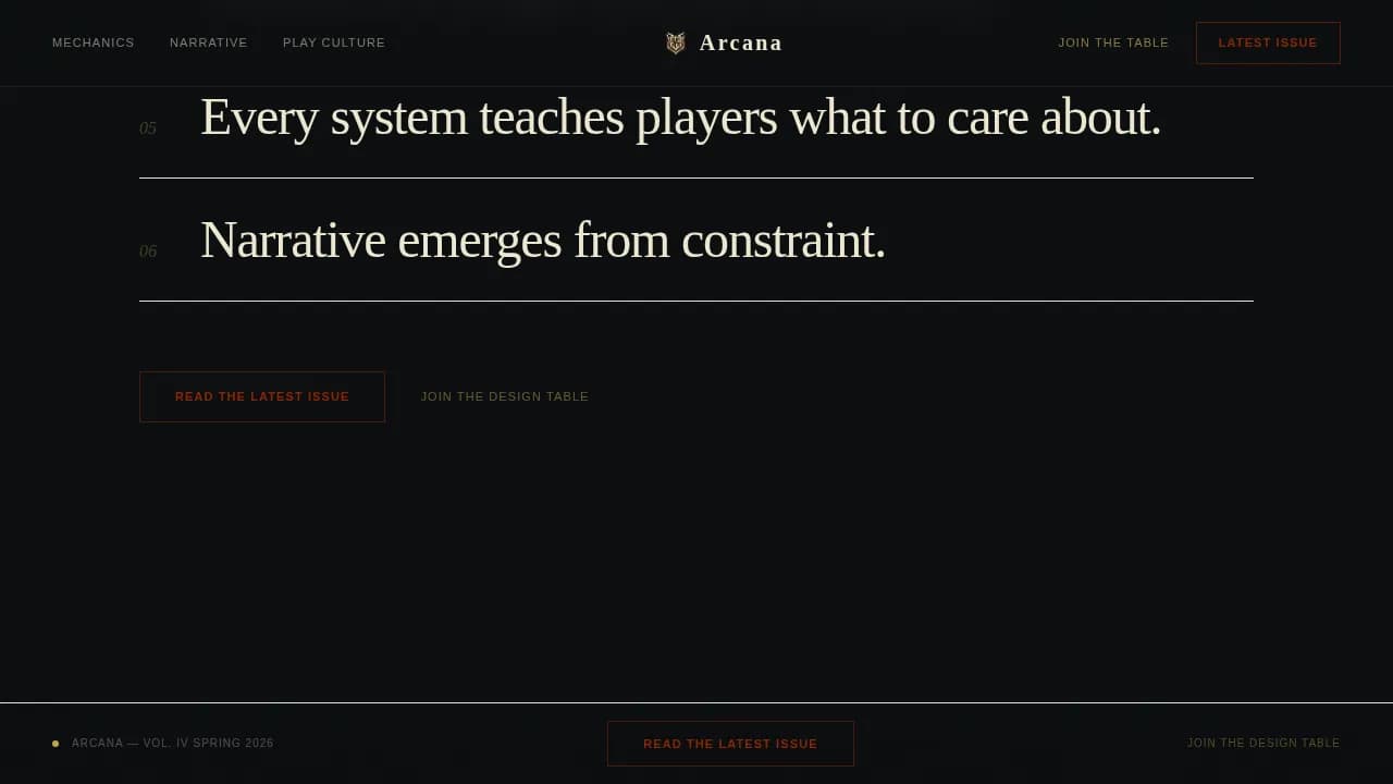 Arcana - Craft-Driven Tabletop RPG Design Blog Landing Page Template