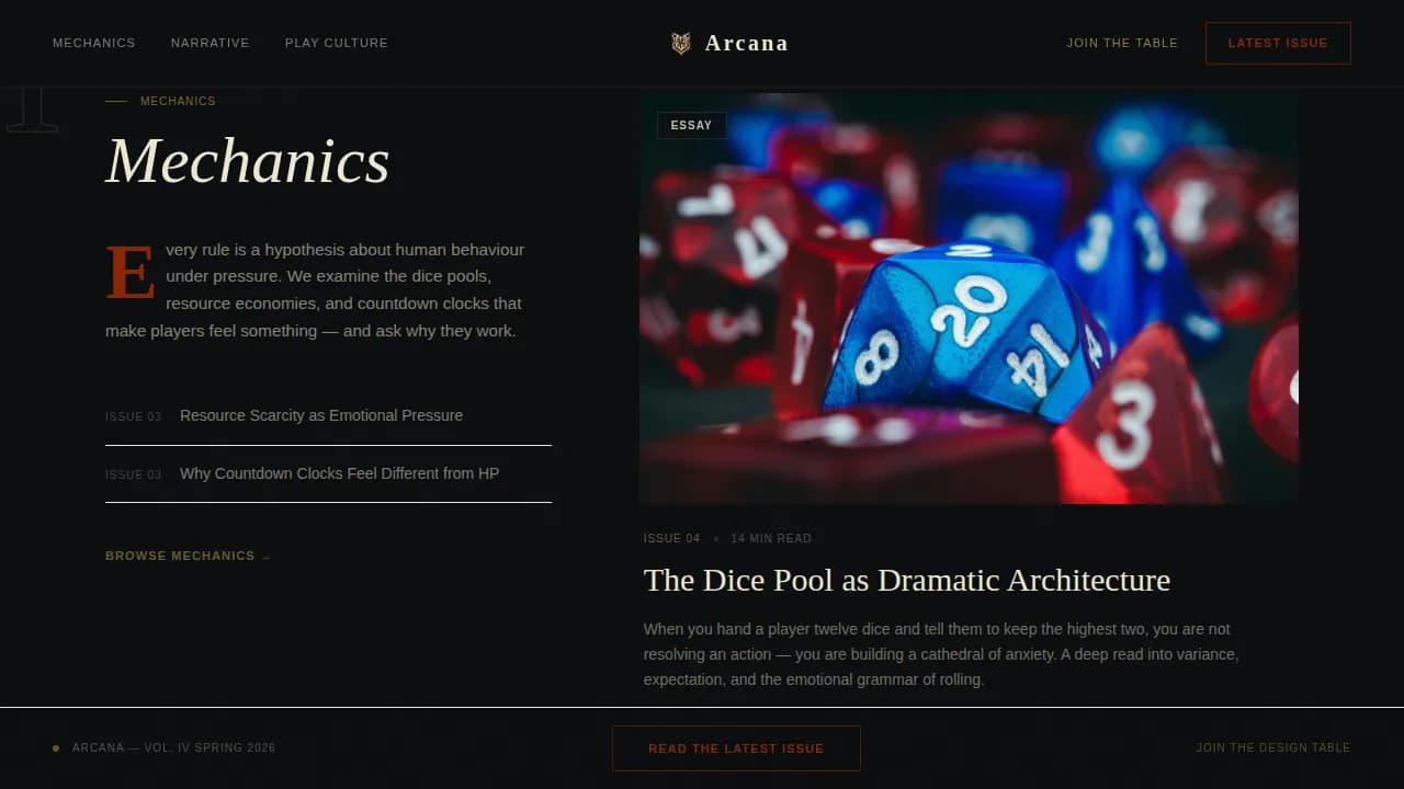 Arcana - Craft-Driven Tabletop RPG Design Blog Landing Page Template