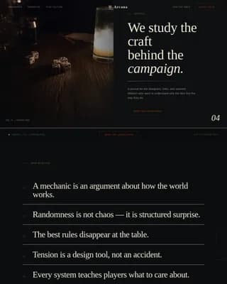 Arcana - Craft-Driven Tabletop RPG Design Blog Landing Page Template