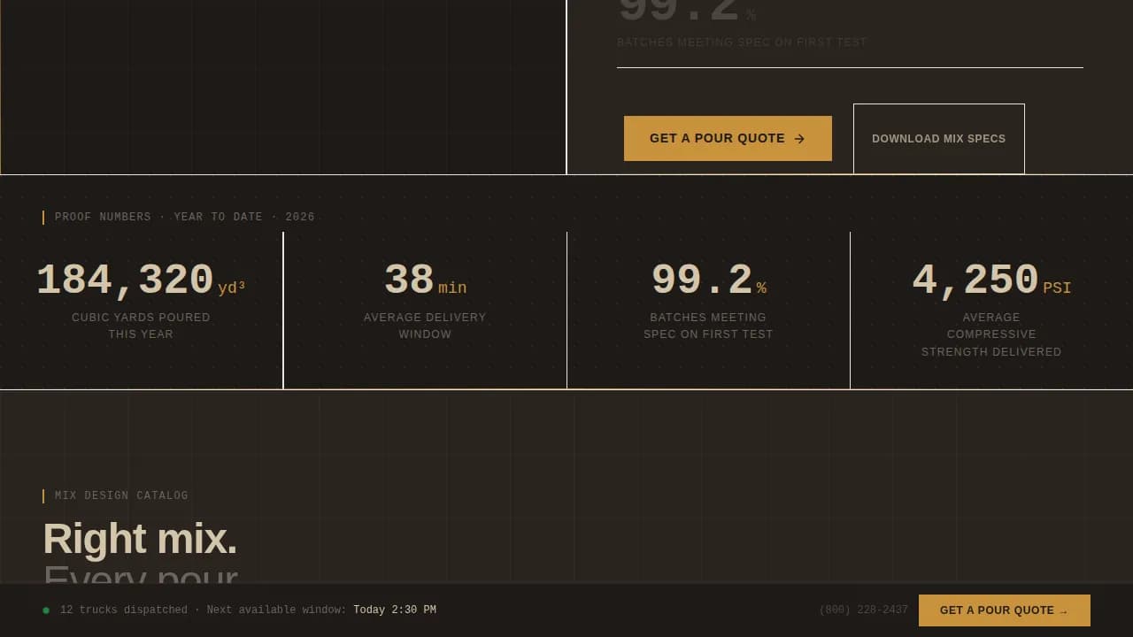 Concrete — Stats-First Supplier Landing Page Template